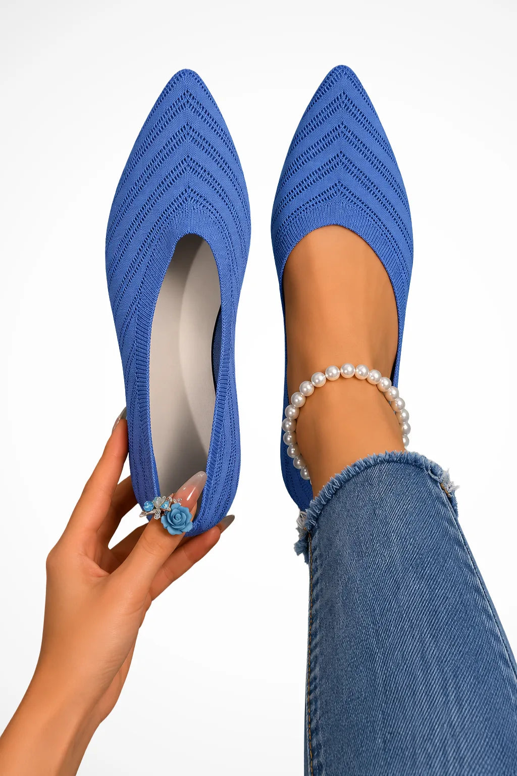 Blue pointed toe ballet flat, front view