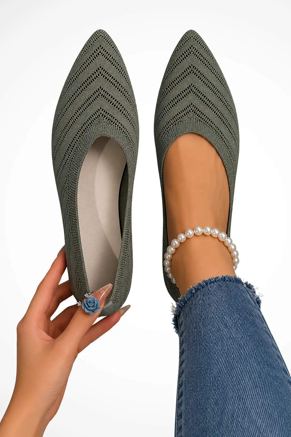 Green pointed toe ballet flat, front view