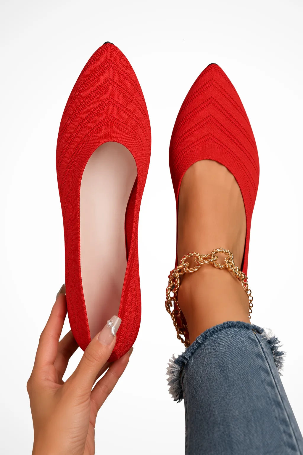 Red pointed toe ballet flat, front view