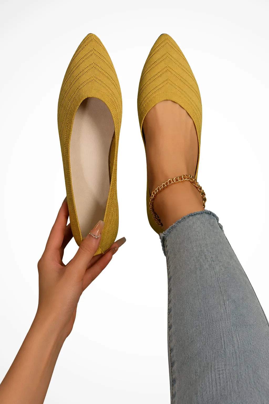 Yellow pointed toe ballet flat, front view