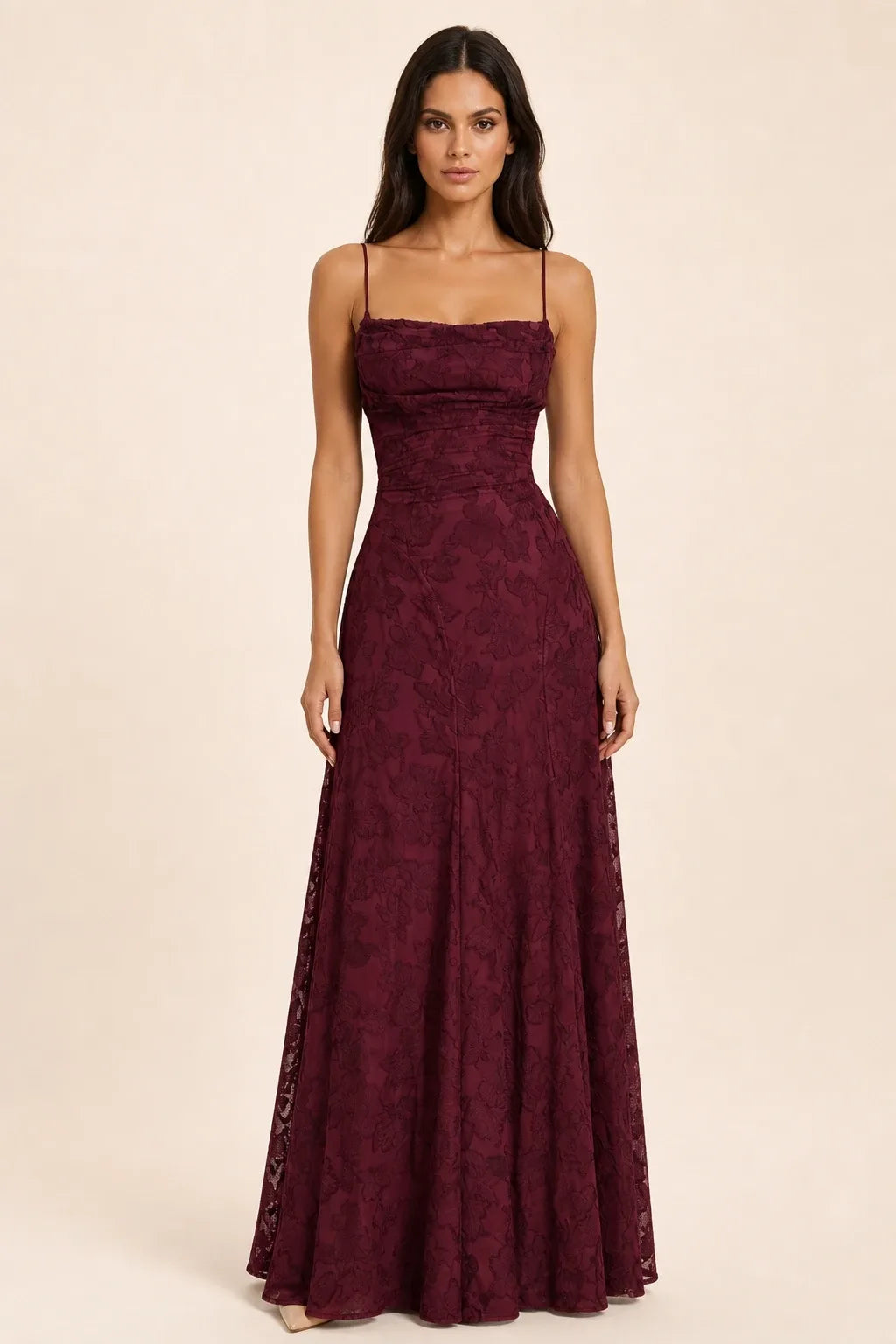 Claret jacquard ruched maxi dress on model in contrapposto stance