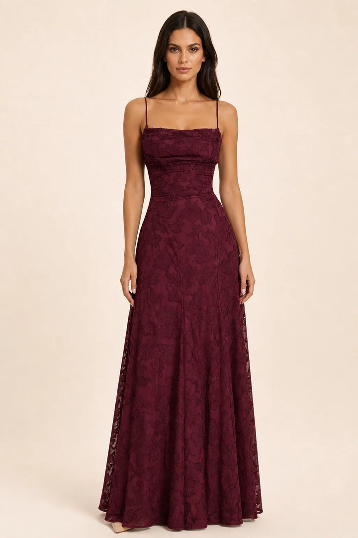 Claret jacquard ruched maxi dress on model in contrapposto stance