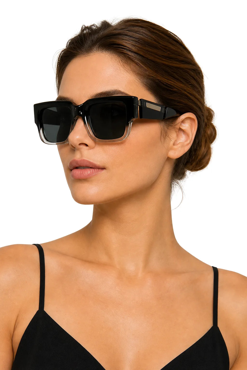 Model wearing oversized two-tone square sunglasses in tan, facing forward
