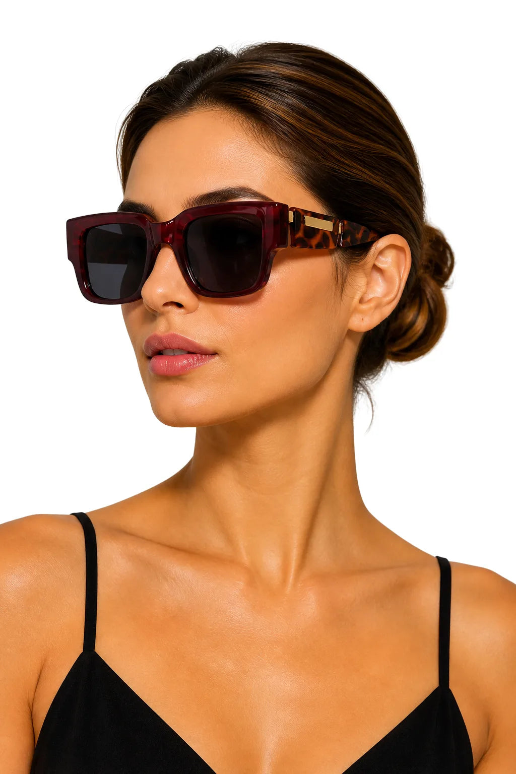 Model wearing oversized two-tone square sunglasses in tortoise, facing forward