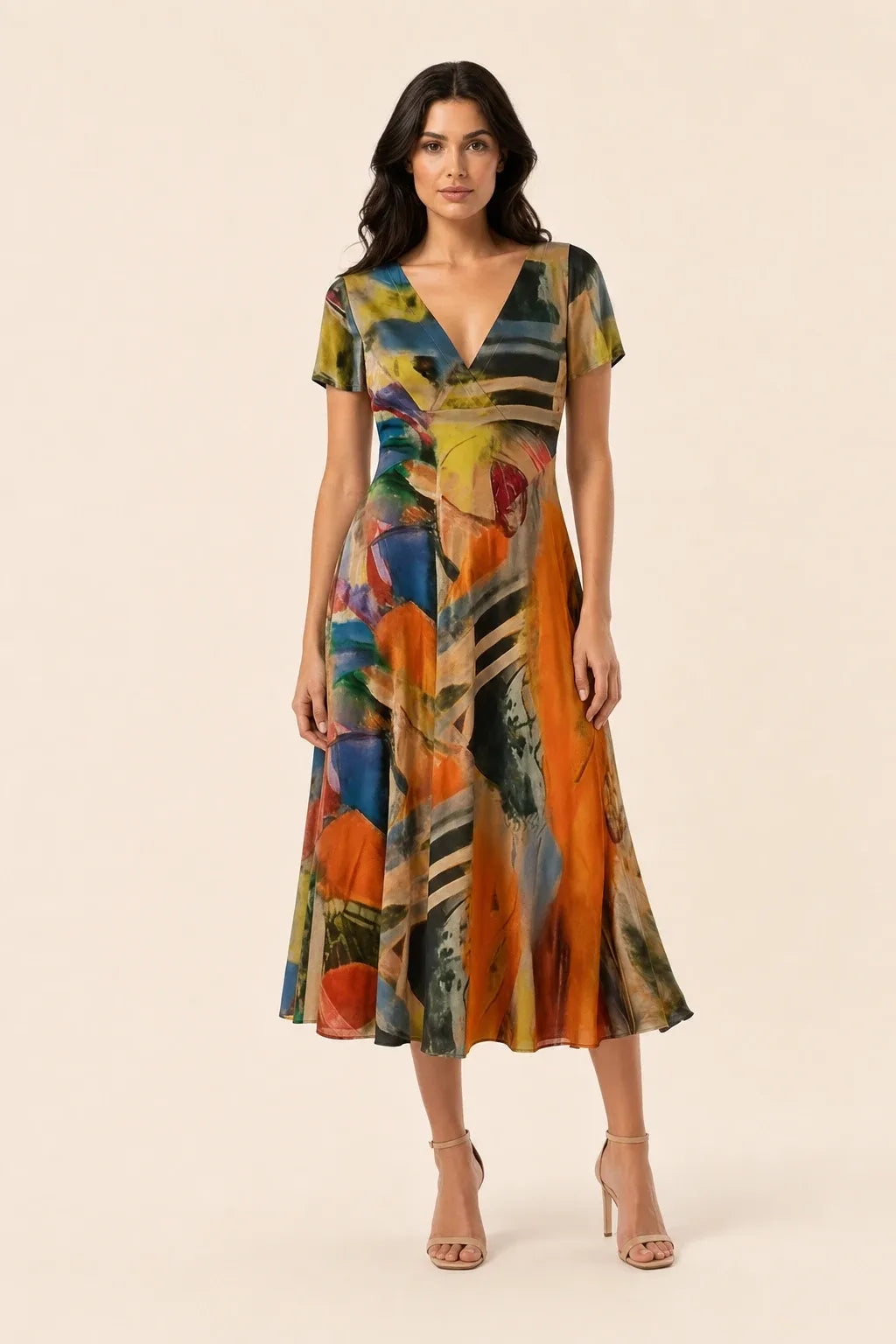 Orange abstract print midi dress on model in contrapposto stance