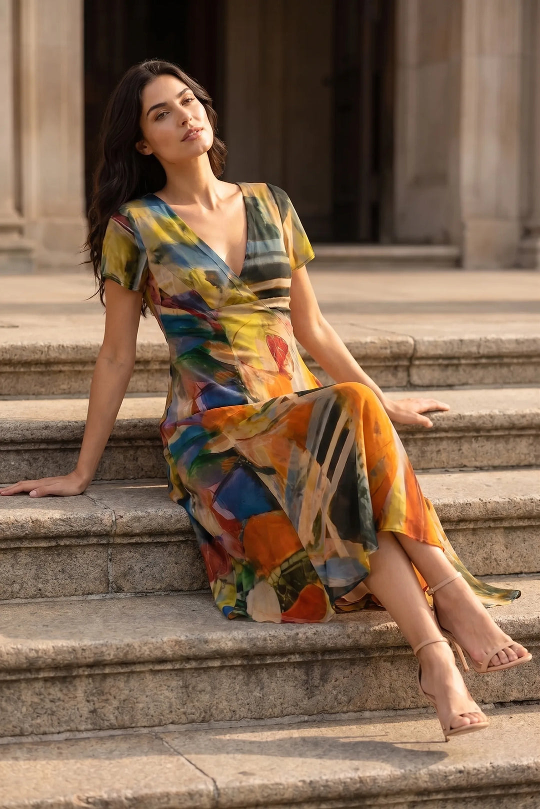 Model wearing orange abstract print midi dress in outdoor lifestyle setting