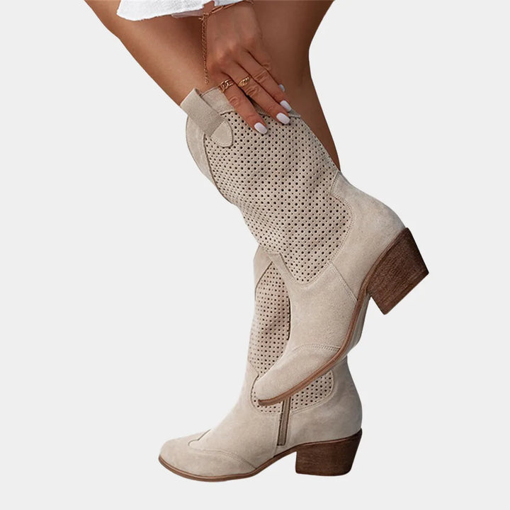 Beige perforated western boot, front view