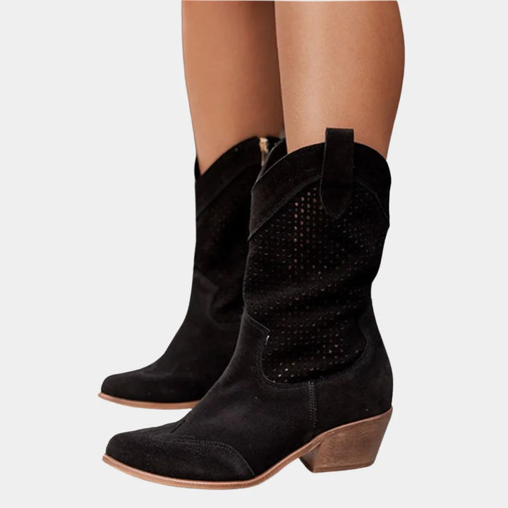 Black perforated western boot, front view