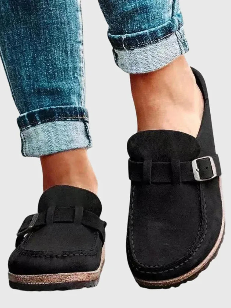 Black buckle strap clog mule, heel view showing back of shoe