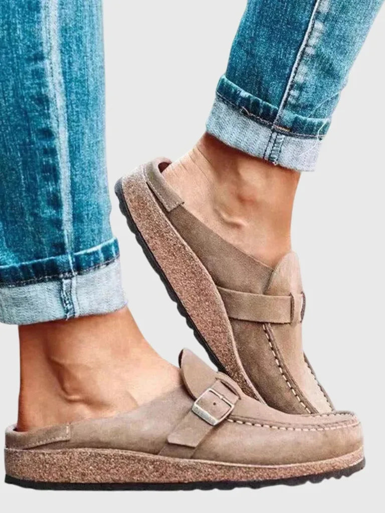 Sage green buckle strap clog mule, additional view