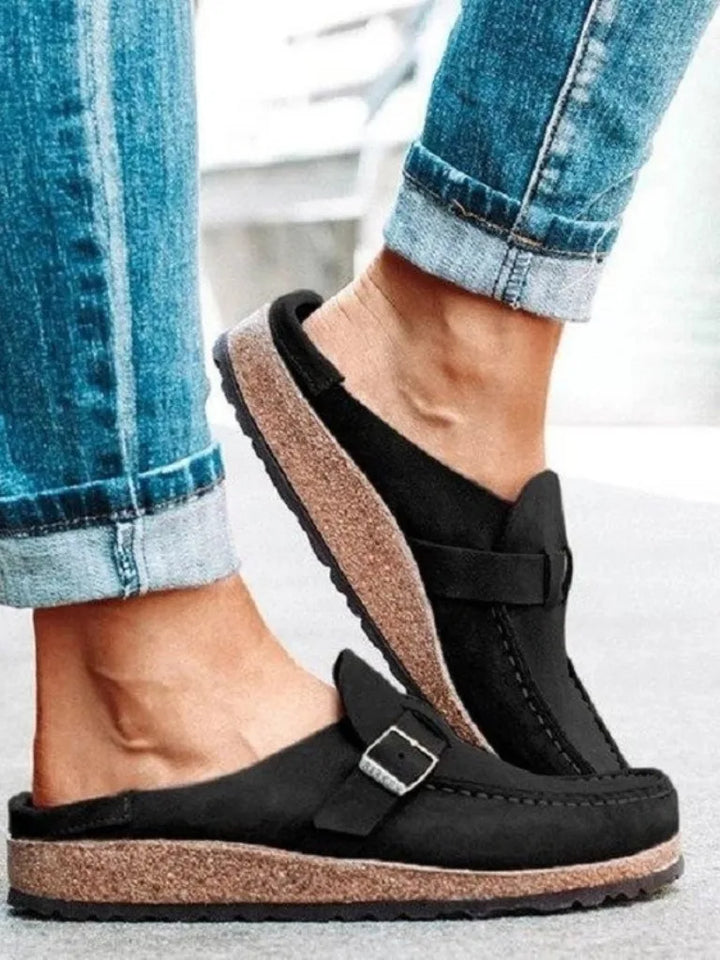 Sage green buckle strap clog mule, additional view