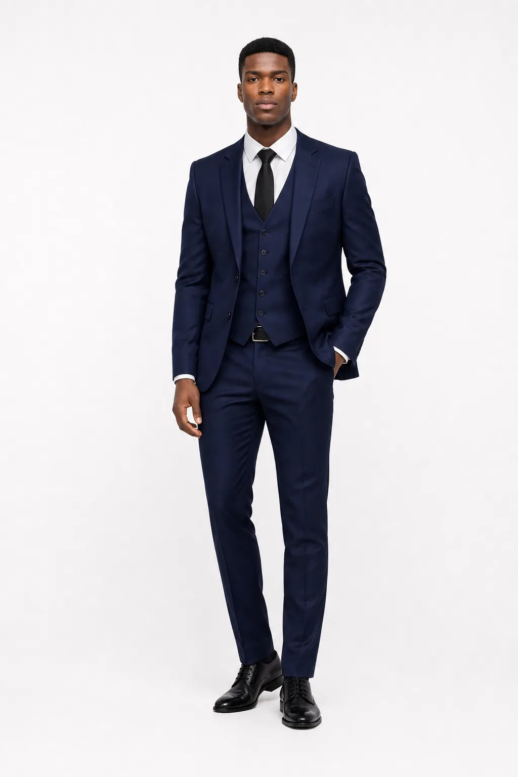 Navy blue linen three-piece suit on a model in a contrapposto stance