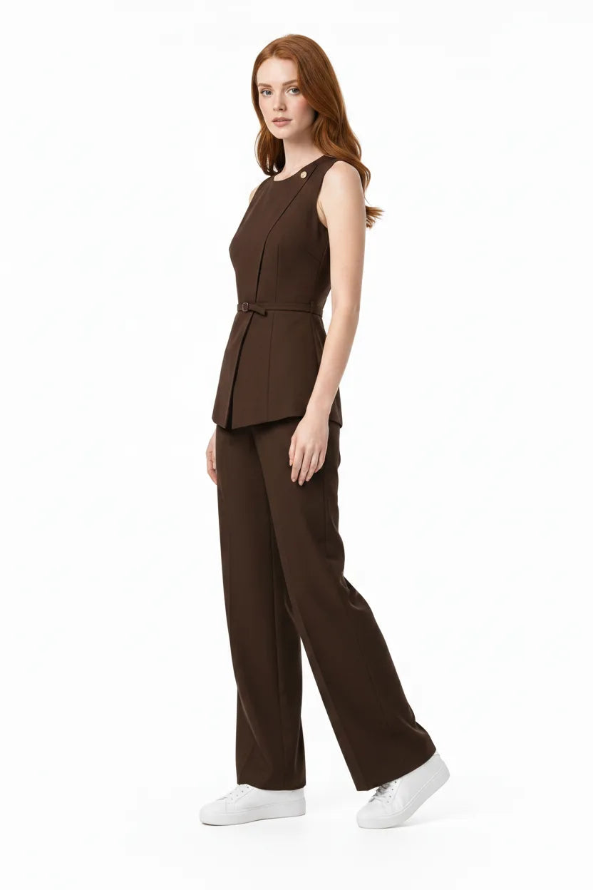 Brown belted vest and wide-leg trouser co-ord set on model in three-quarter turn
