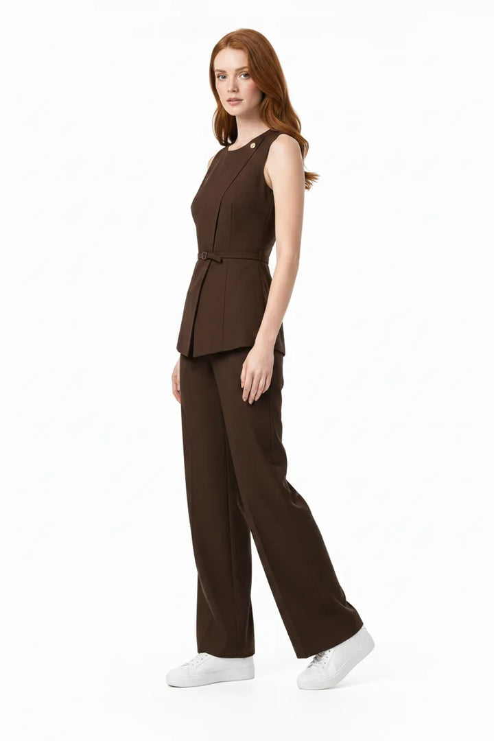 Brown belted vest and wide-leg trouser co-ord set on model in three-quarter turn