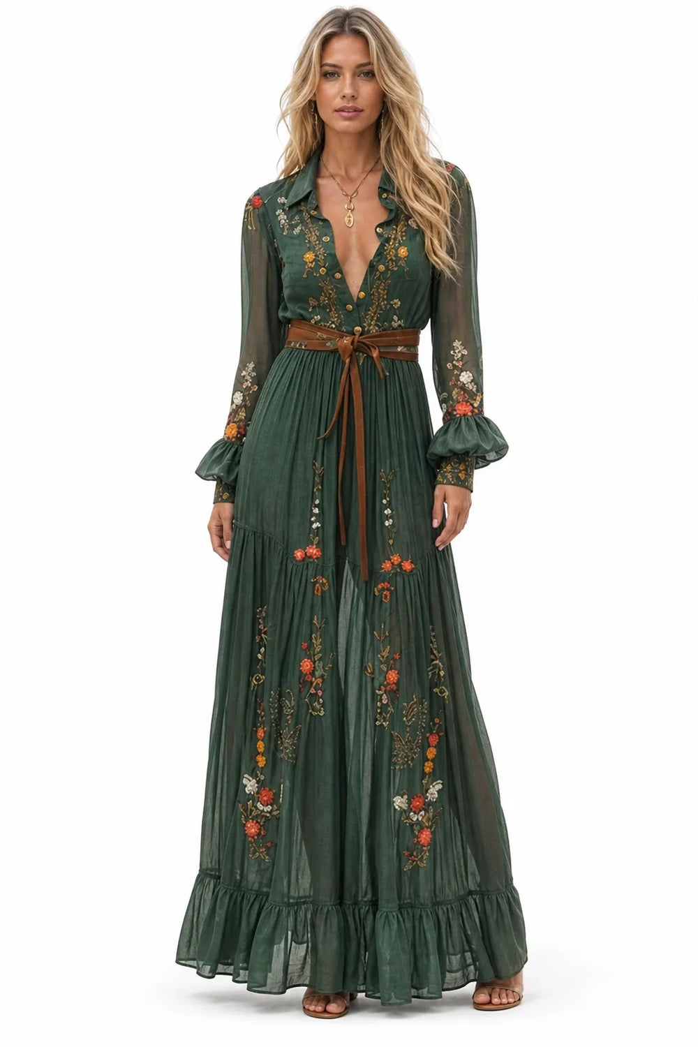 Green embroidered boho maxi dress on a model in a contrapposto stance