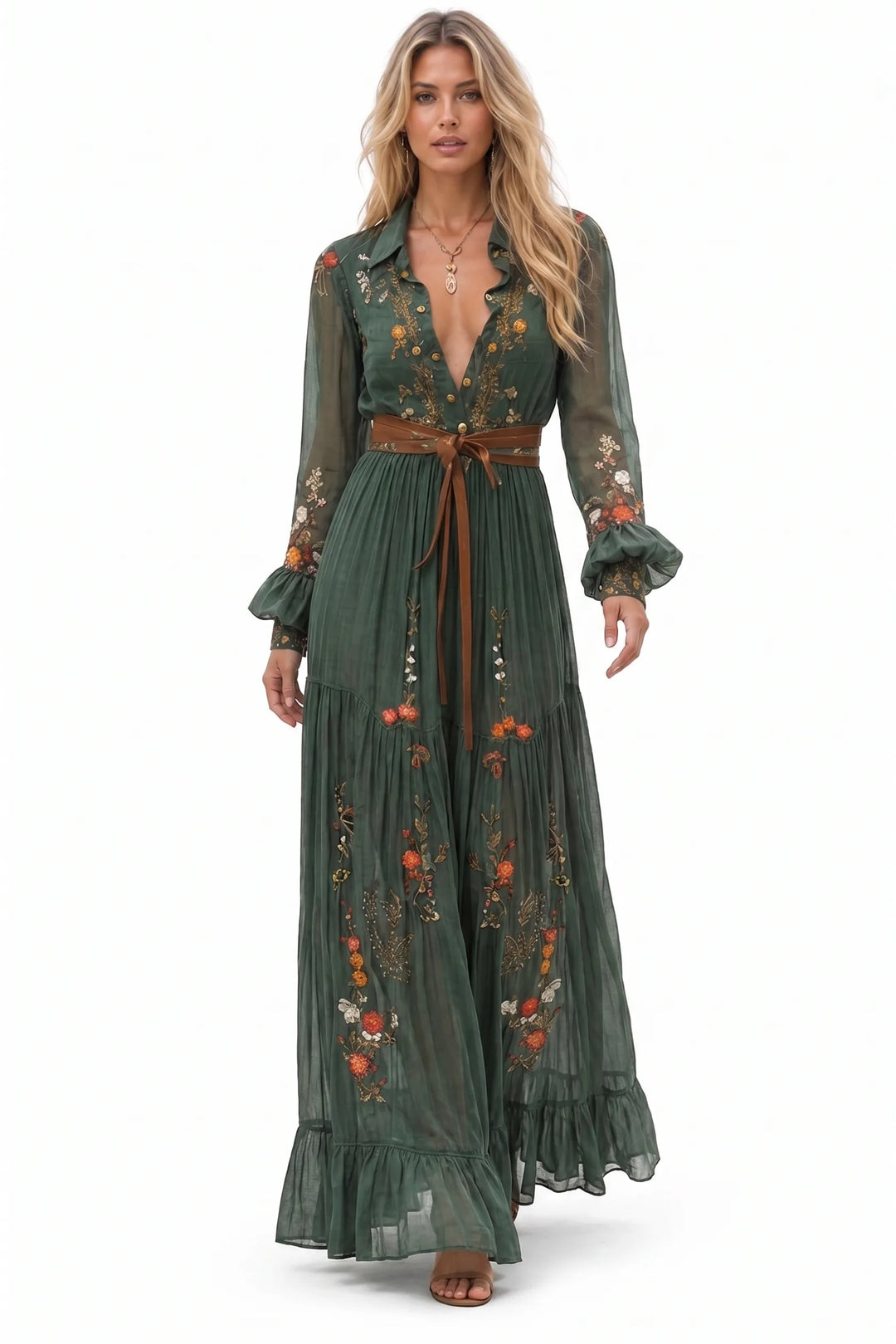 Green embroidered boho maxi dress on a model in a three-quarter turn