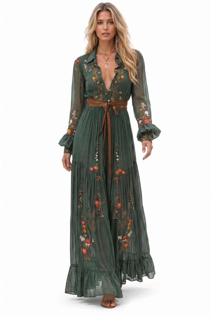 Green embroidered boho maxi dress on a model in a three-quarter turn