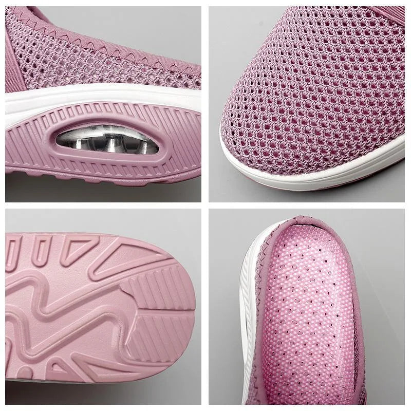 Red cushioned slip-on mule sneaker, heel view