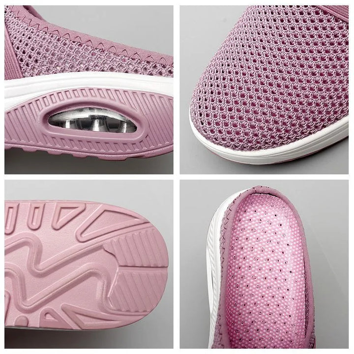 Red cushioned slip-on mule sneaker, heel view