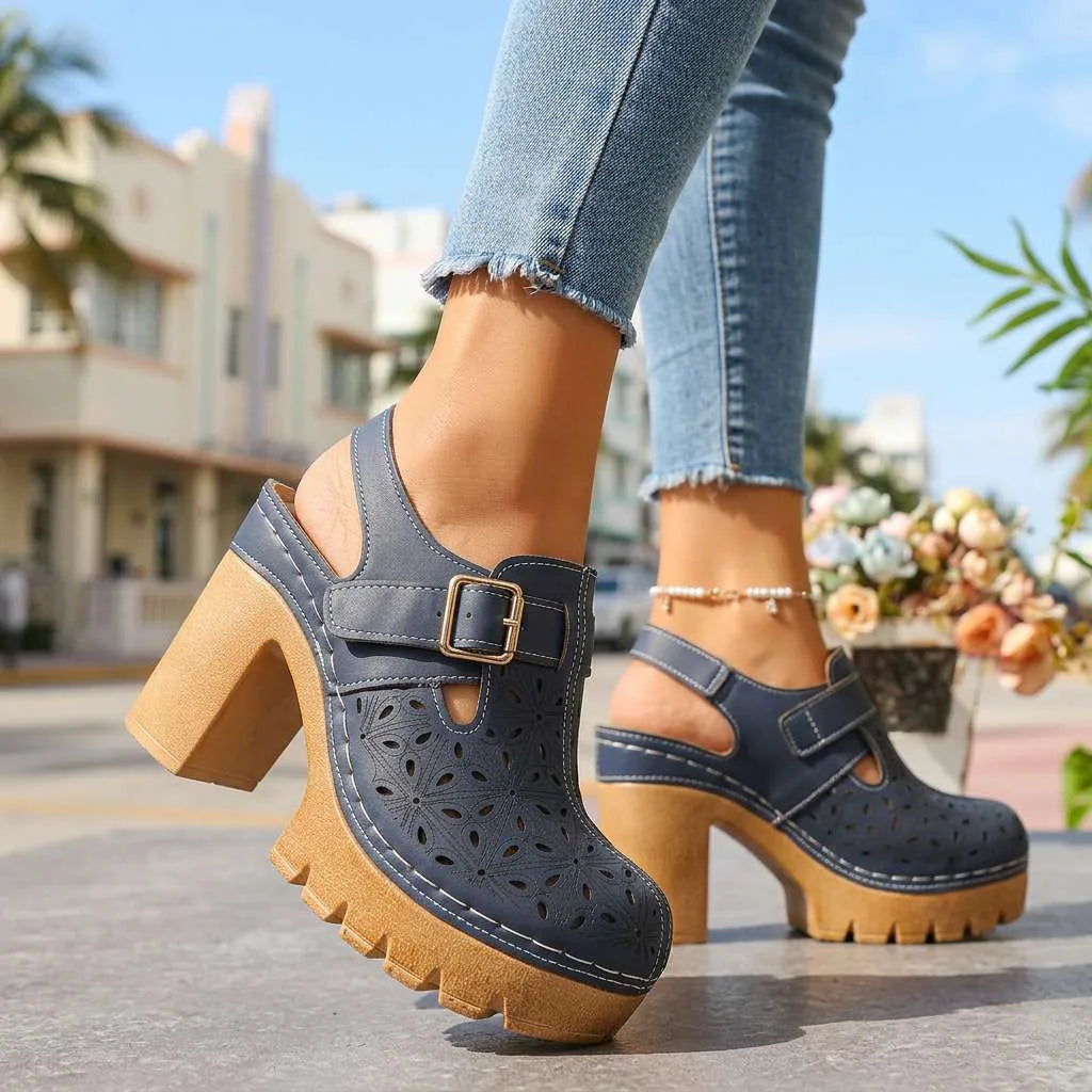 Brown cutout platform clog, heel view