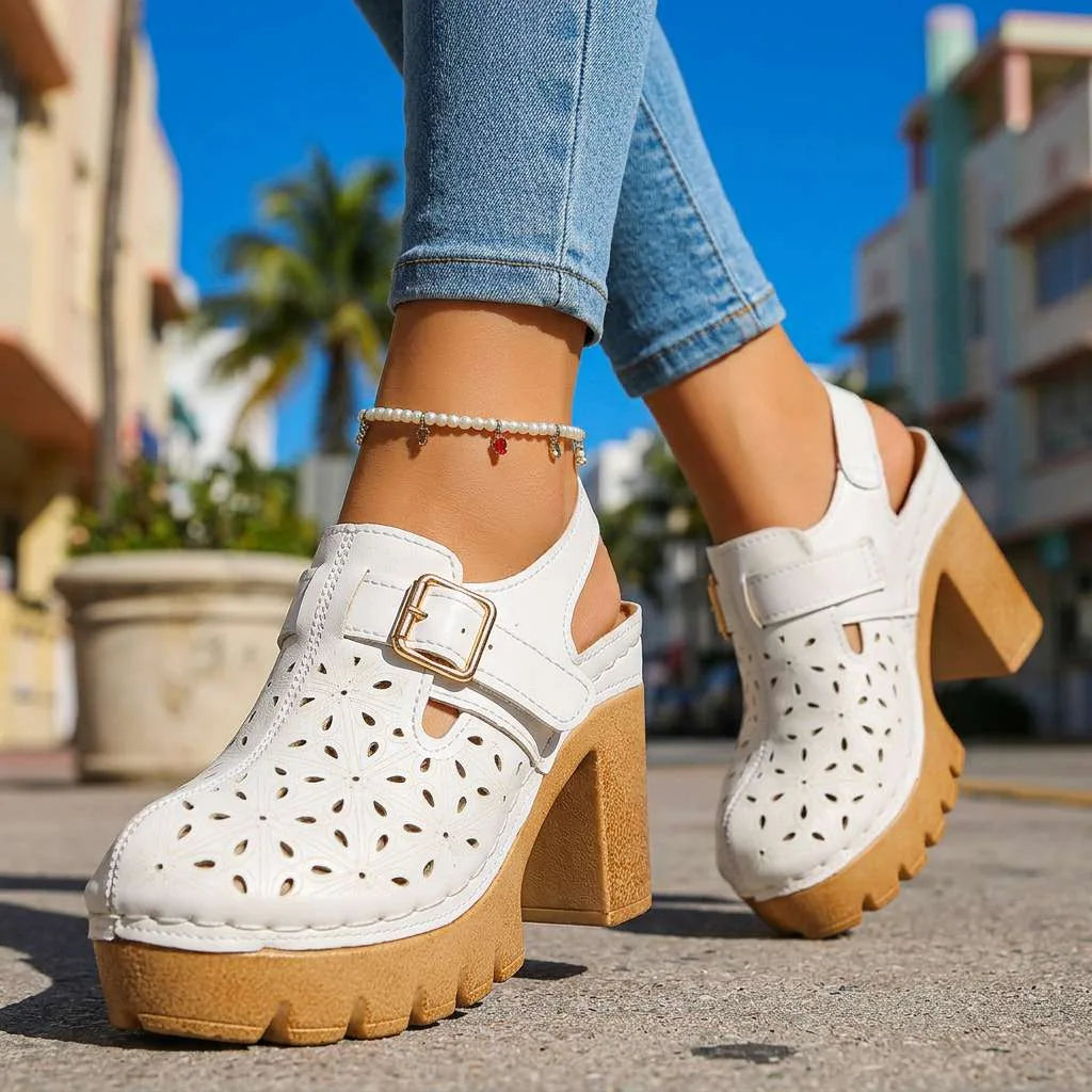 Brown cutout platform clog, close-up detail view
