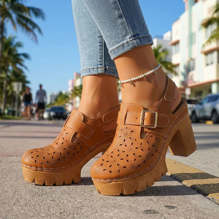 Brown cutout platform clog, side profile view