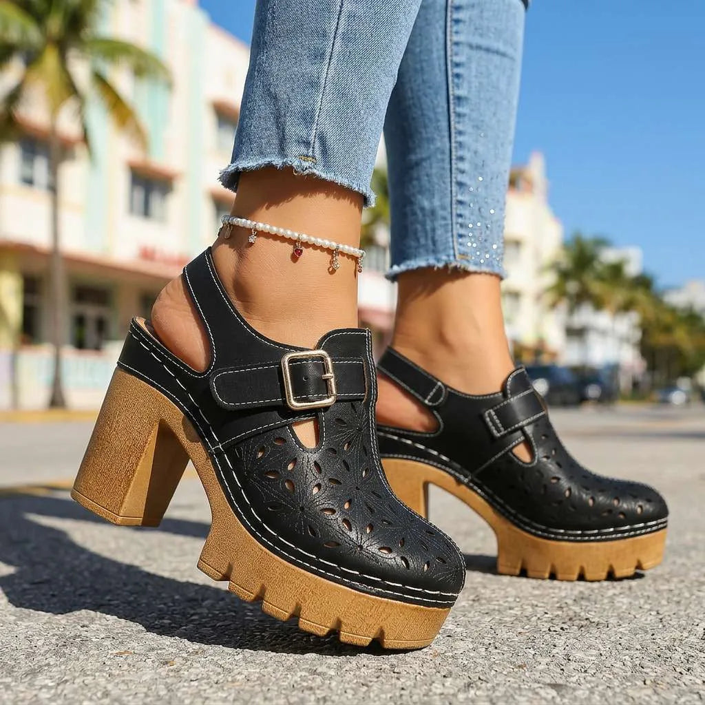 Brown cutout platform clog, three-quarter angle view