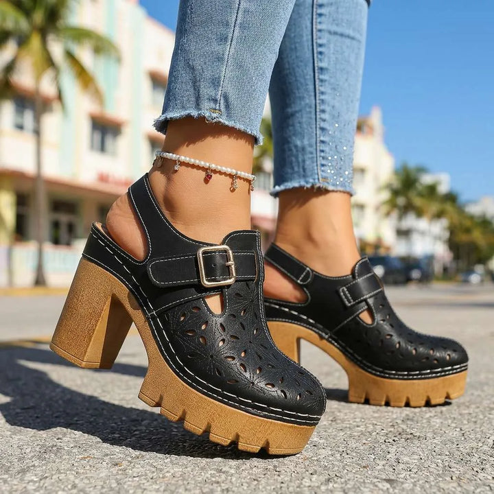 Brown cutout platform clog, three-quarter angle view