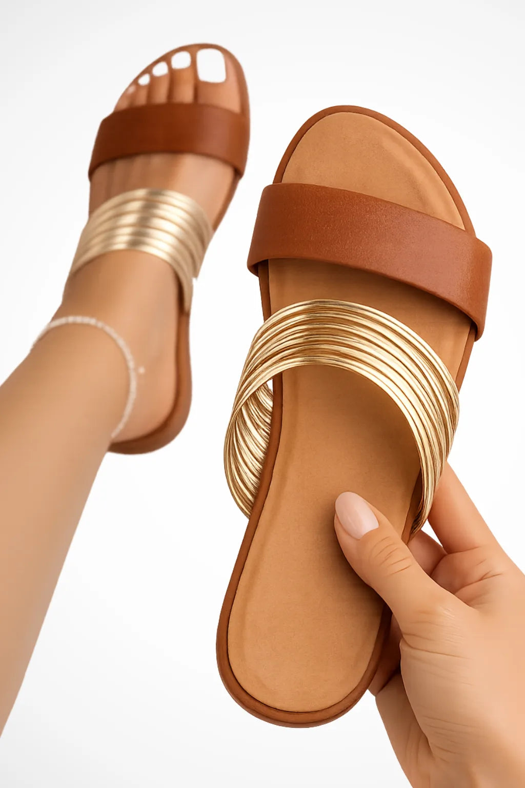Brown multi-strand metallic slide sandal, front view
