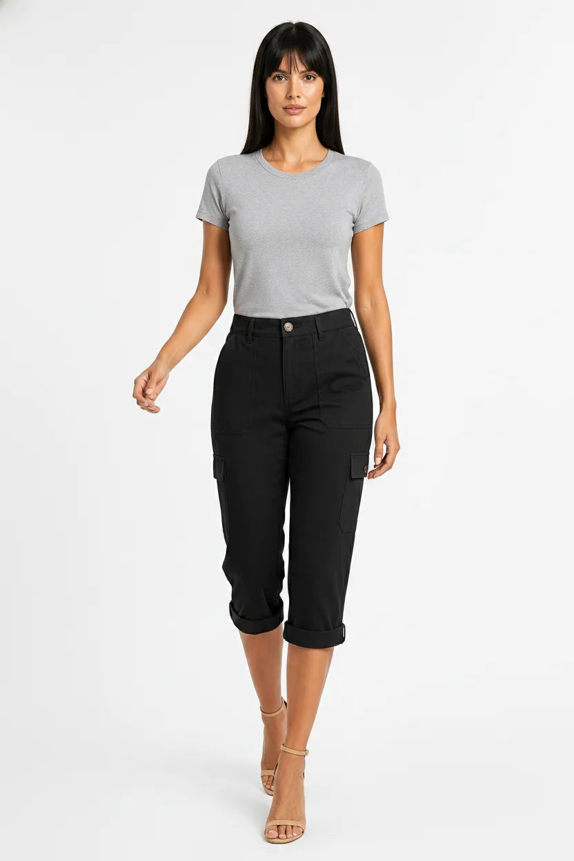 Black cargo capri pants with side pockets on a model in natural movement