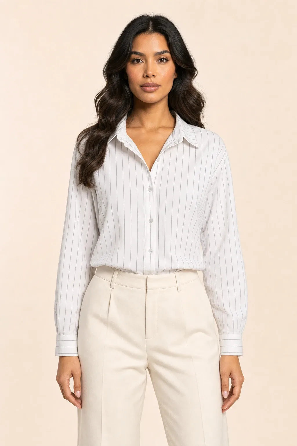 White pinstripe button-front blouse on model in contrapposto stance