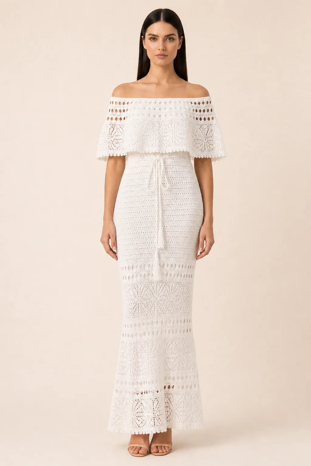 White crochet ruffle maxi dress on model in contrapposto stance