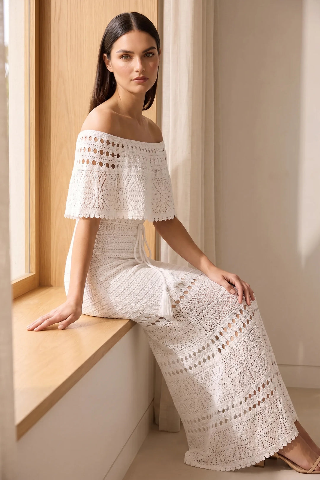 Model in white crochet ruffle maxi dress in second outdoor lifestyle scene