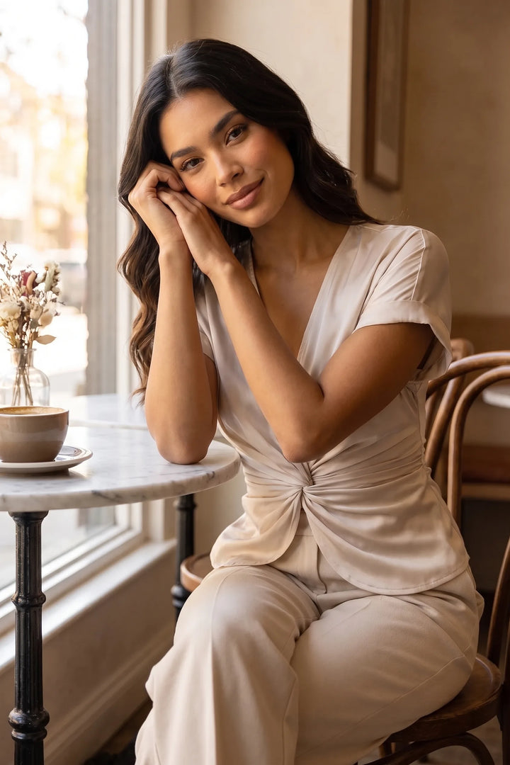 Model wearing cream twist knot v-neck blouse in casual lifestyle scene