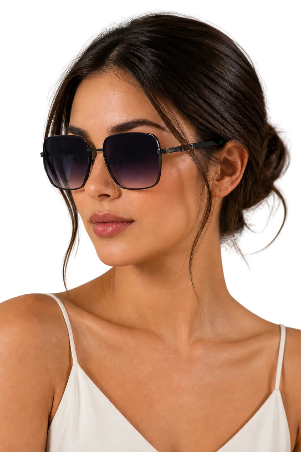 Square double bridge sunglasses in black, side profile view
