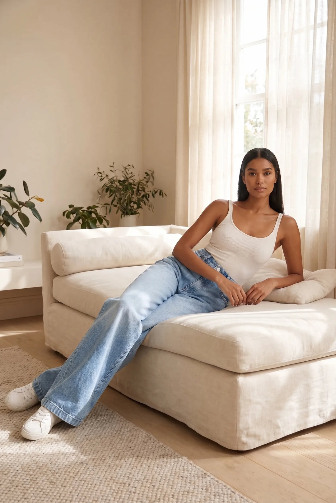 Woman in wide-leg blue jeans outdoors in a relaxed lifestyle moment