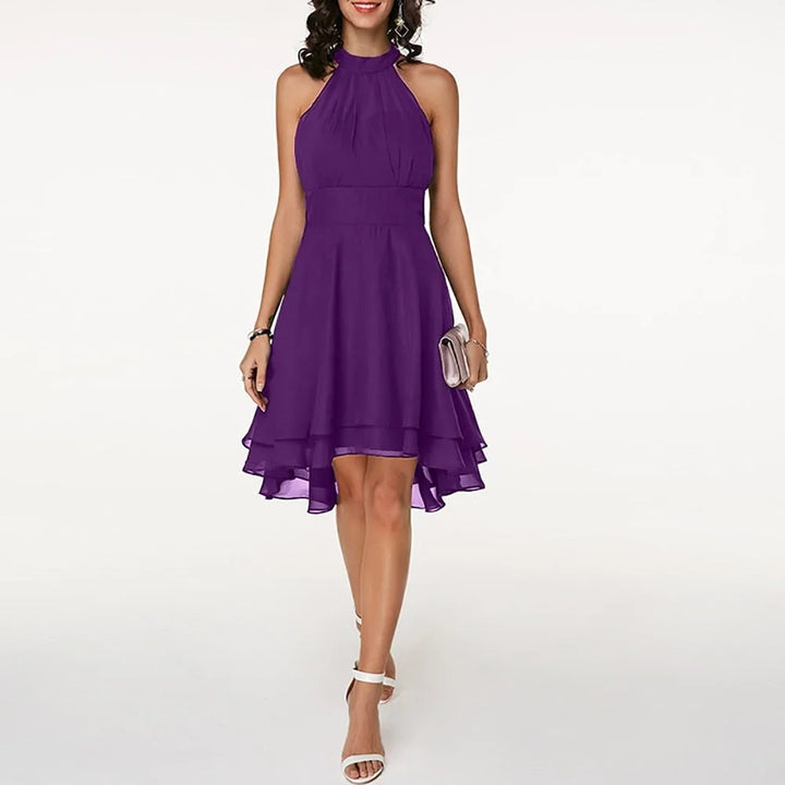 Purple tiered ruffle halter top on model, full-length view