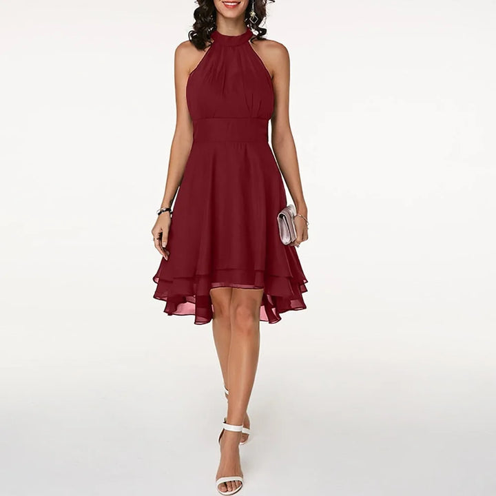 Red tiered ruffle halter top on model, full-length view