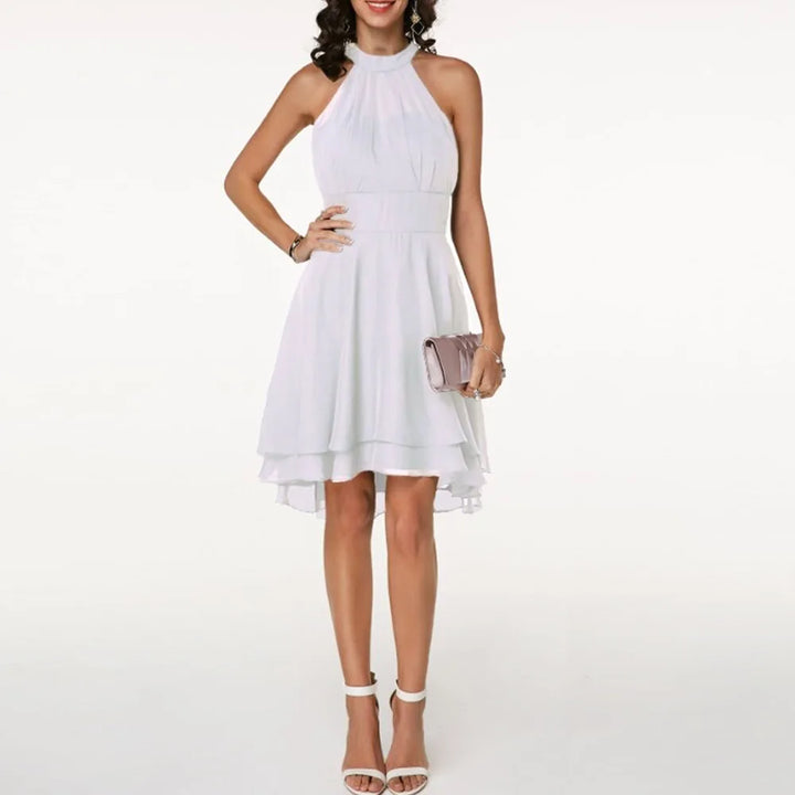 White tiered ruffle halter top on model, front view