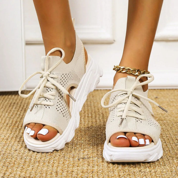 Beige lace-up platform sandal, close-up detail view