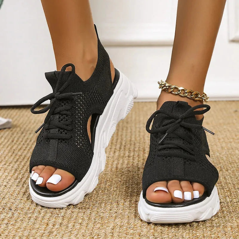Black lace-up platform sandal, front view