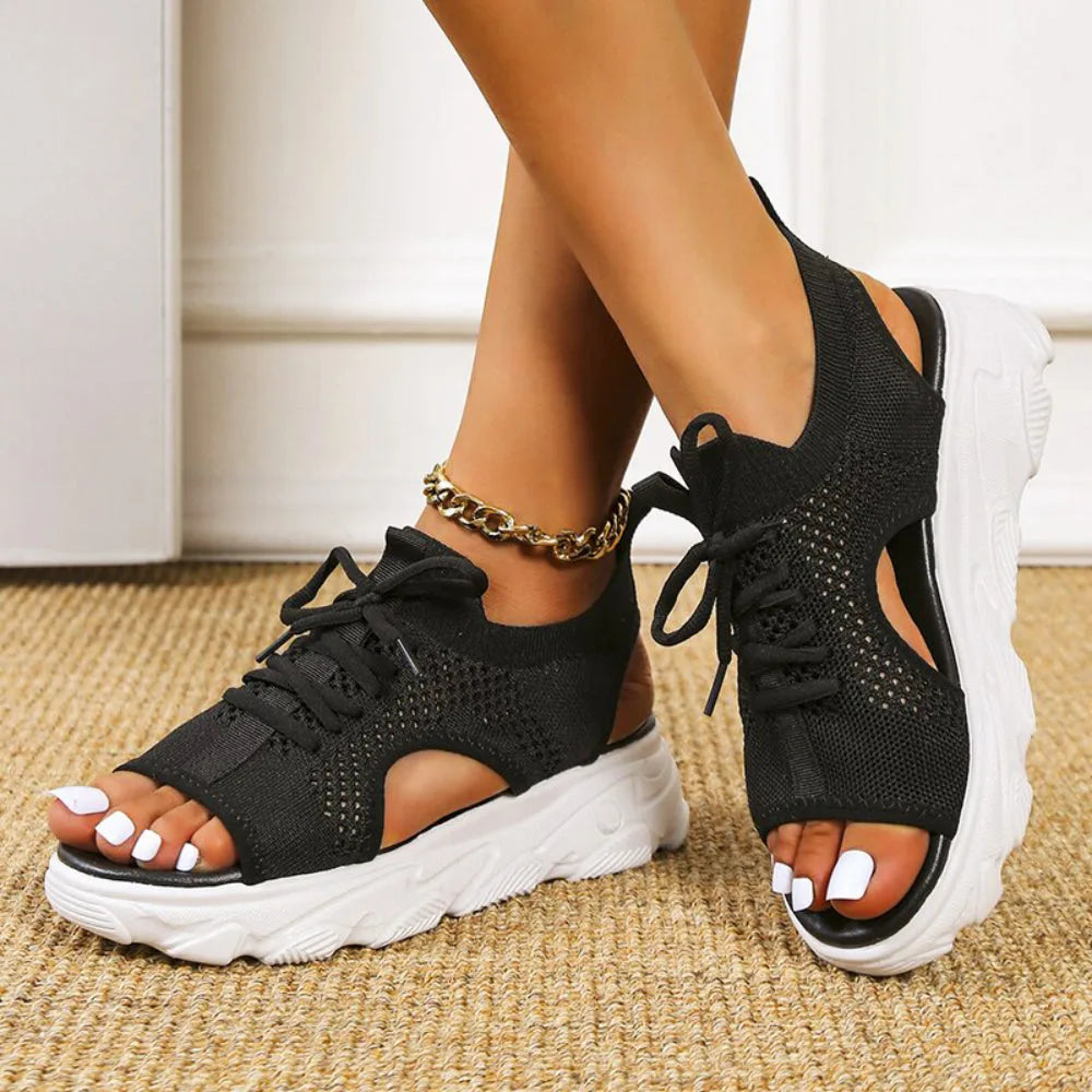 Black lace-up platform sandal, side profile view