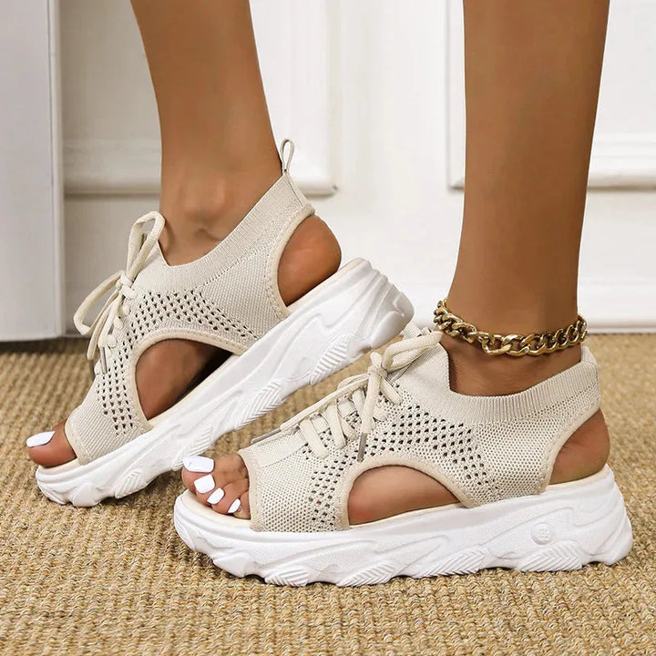 Black lace-up platform sandal, top-down view