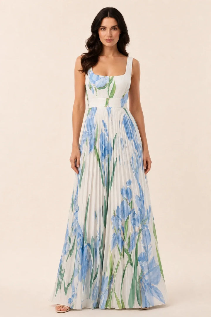 Light blue pleated floral gown on model in contrapposto stance