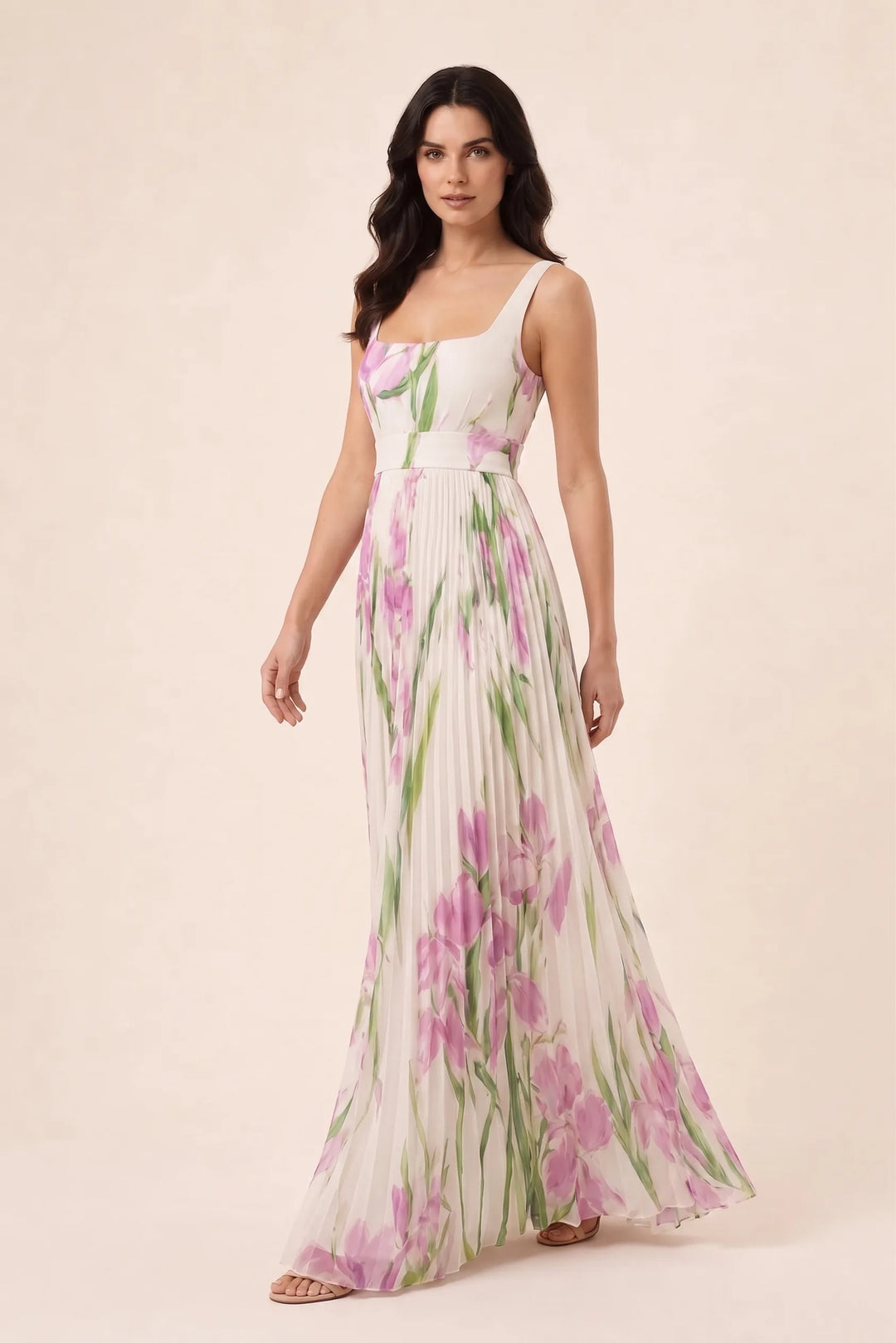 White pleated floral gown on model in three-quarter turn