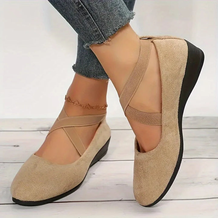Apricot cross strap low wedge flat