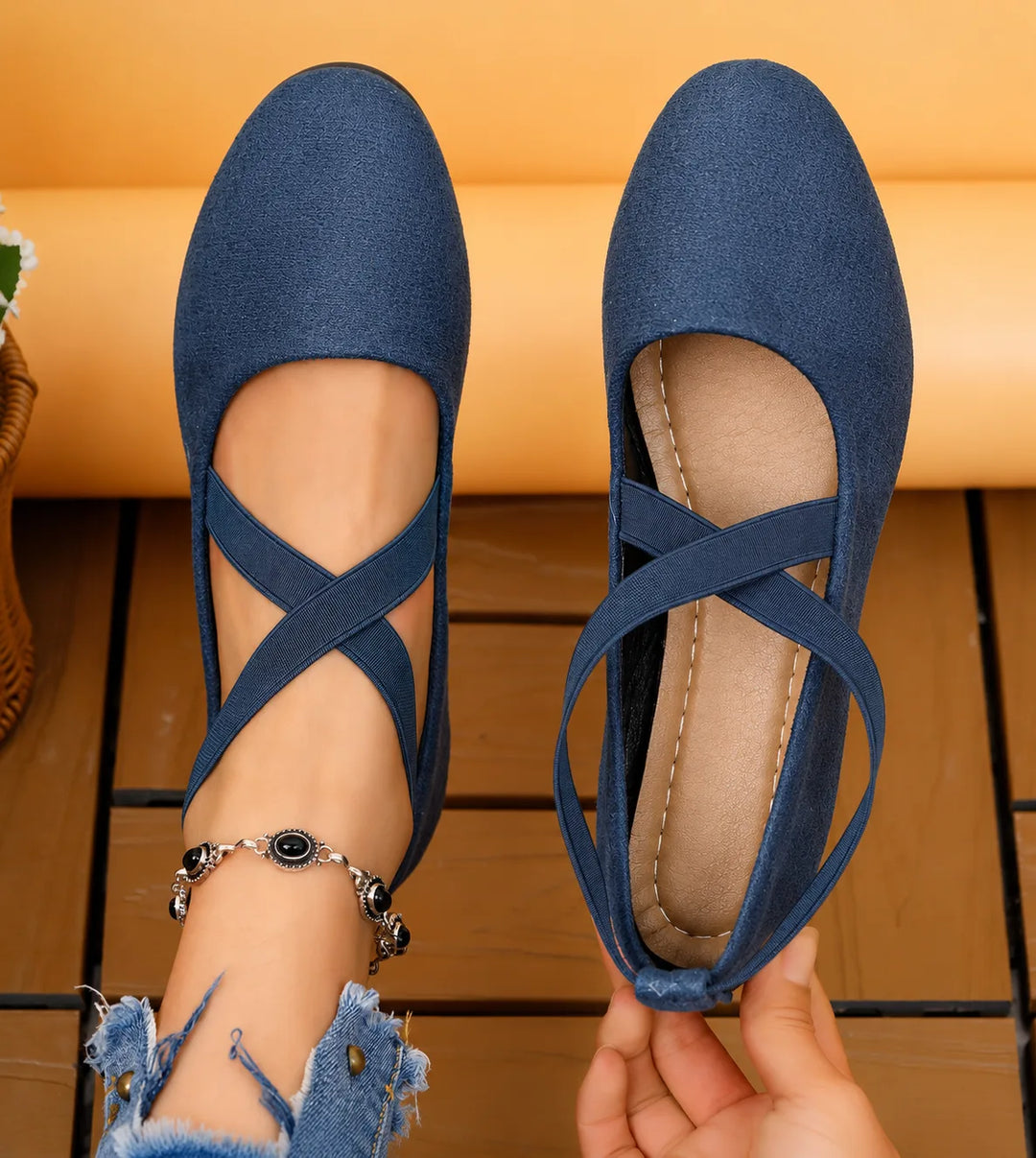 Royal blue cross strap low wedge flat