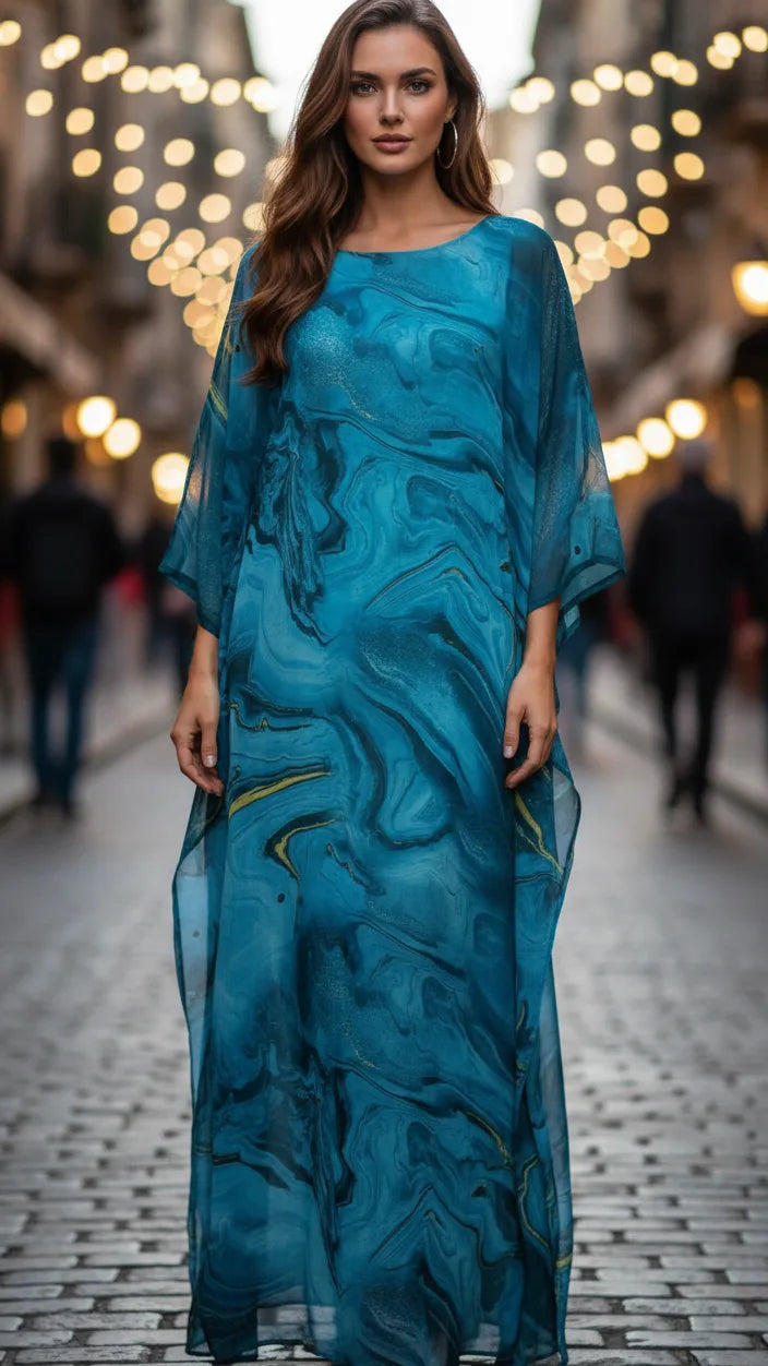 Blue marble print kaftan on model, side profile full-length view