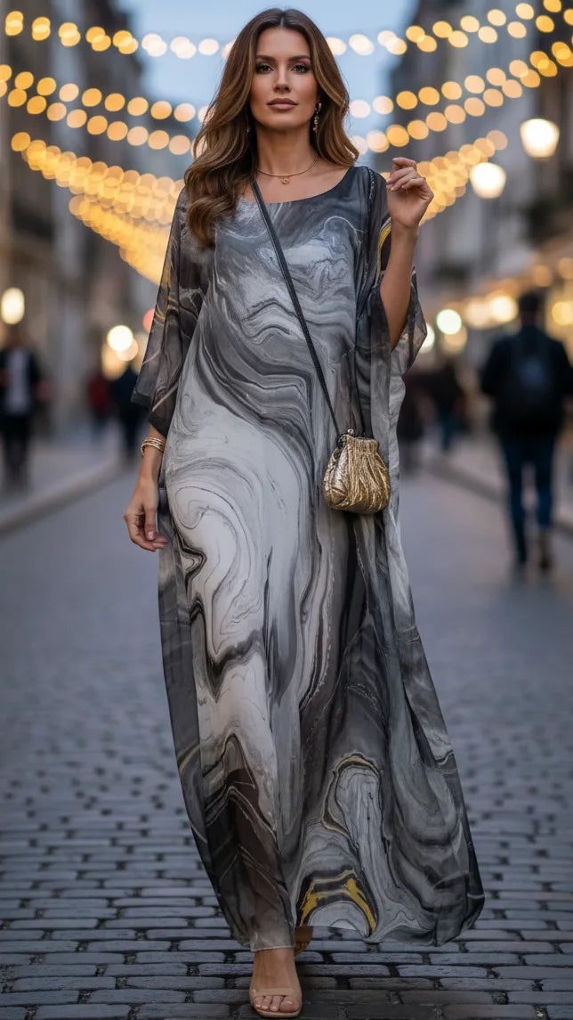 Gray marble print kaftan on model, three-quarter turn full-length view