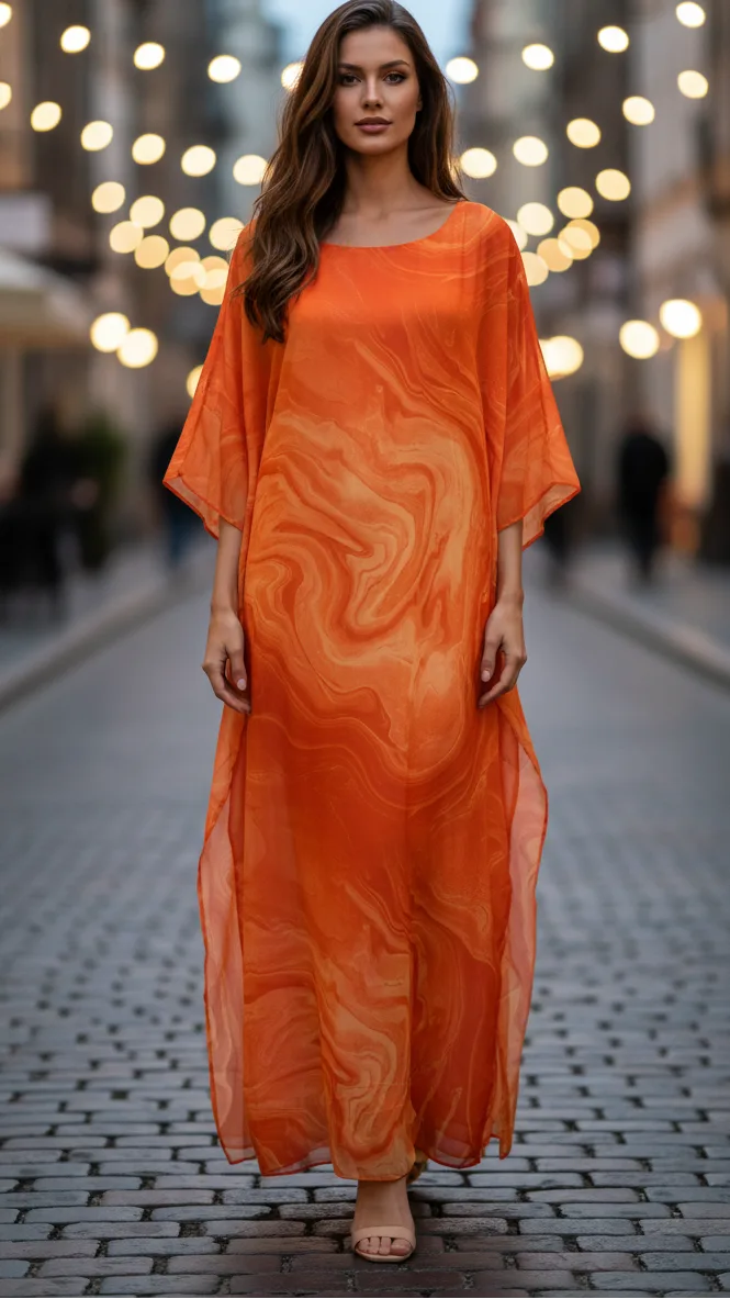 Close-up detail of orange marble print kaftan fabric and silhouette